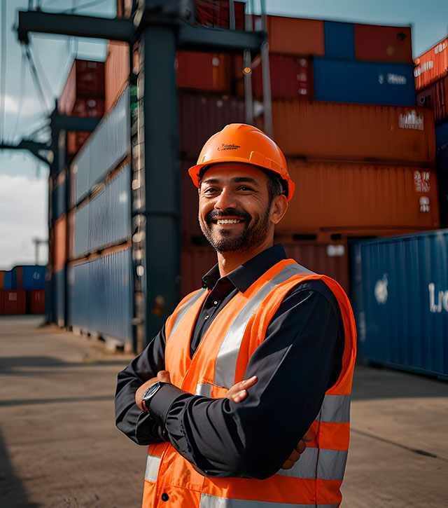 Trabajador con casco frente a contenedores de carga en proceso de importación