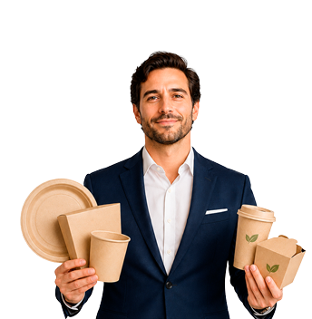 Persona sosteniendo platos, vasos y empaques biodegradables de Búnker Importaciones